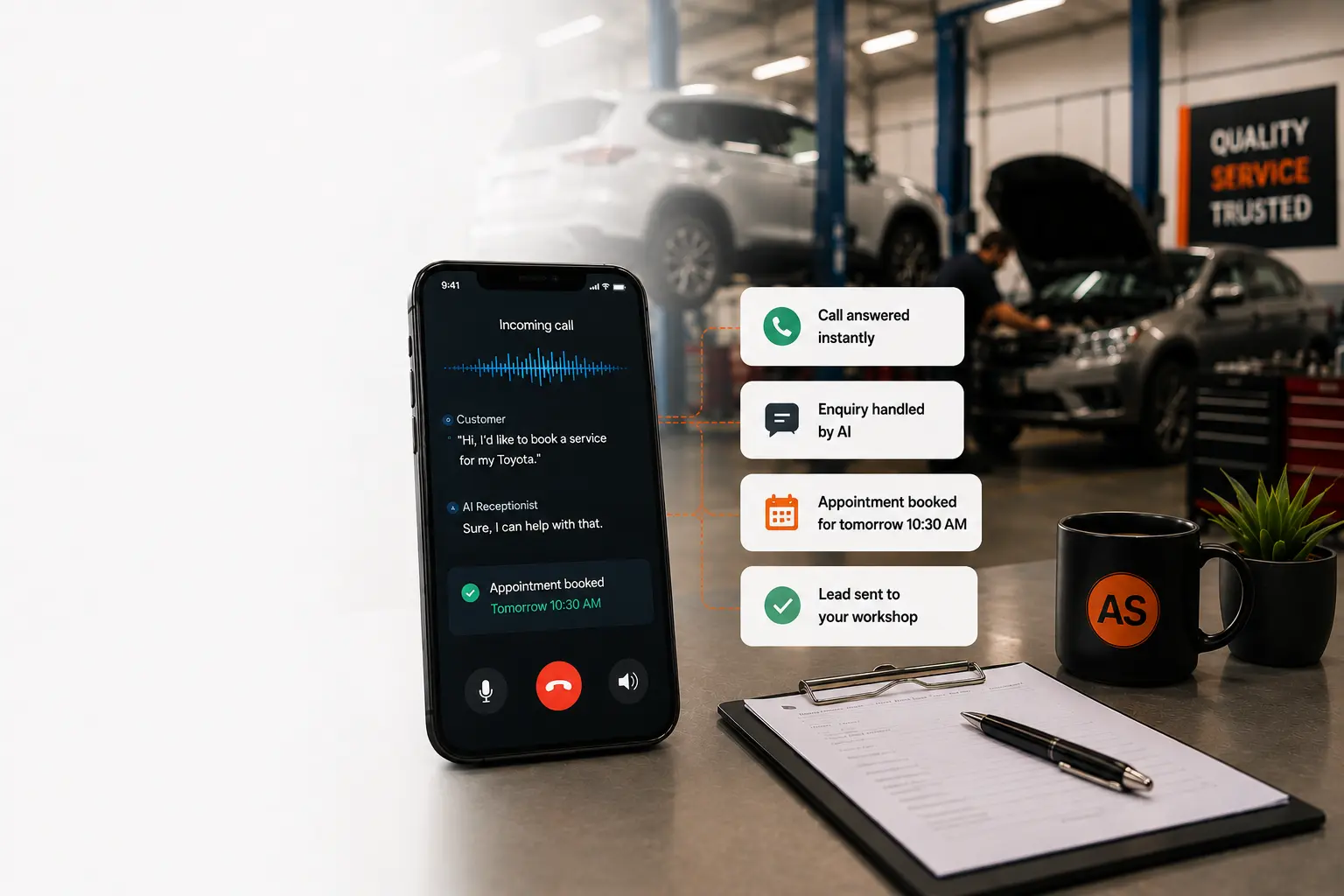 An AgenticSole AI receptionist answering a customer call on a phone in an automotive workshop, booking the service appointment automatically.