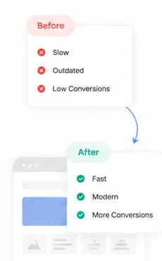Before and after comparison showing a slow, outdated website becoming faster, modern and conversion-focused.