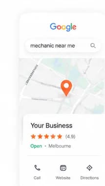 Google search for mechanic near me showing a local business listing with map, call, website and directions options.